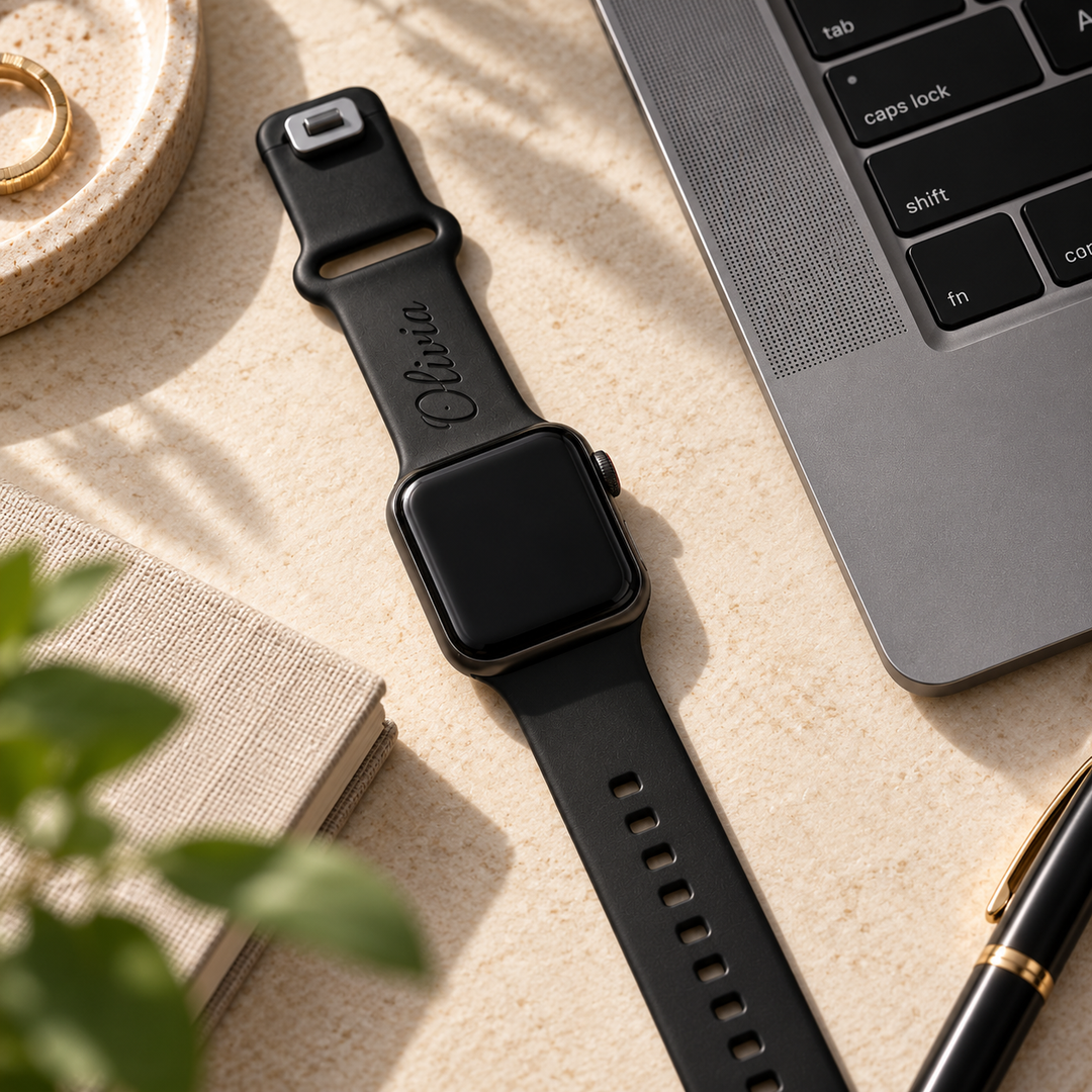 Flat lay of a personalized black Apple Watch band beside a laptop and coffee