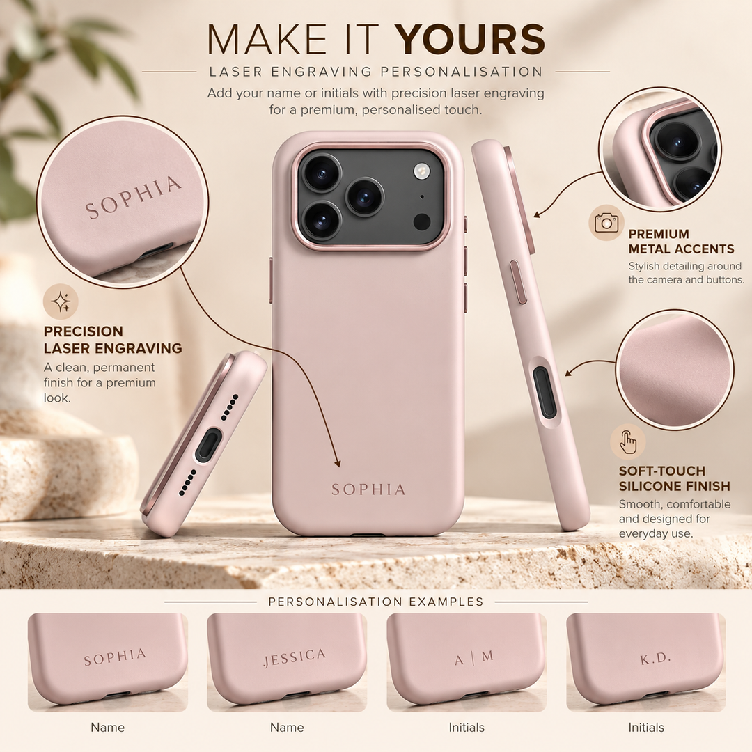 Blush Pink silicone phone case with bottom-center name and initials laser engraving examples.
