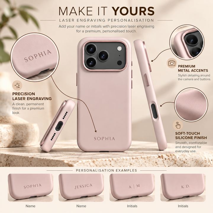 Blush Pink silicone phone case with bottom-center name and initials laser engraving examples.