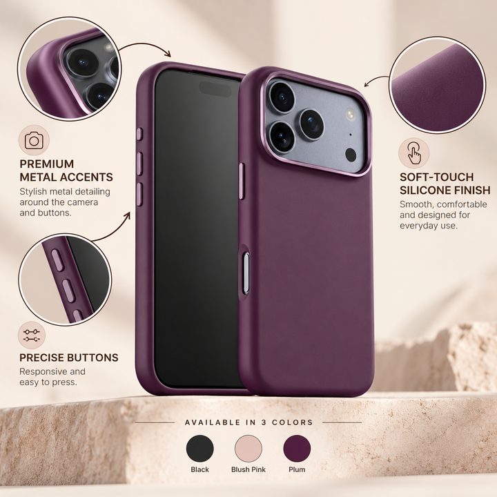 Plum silicone iPhone case showing soft-touch finish, metal camera accents and button details.