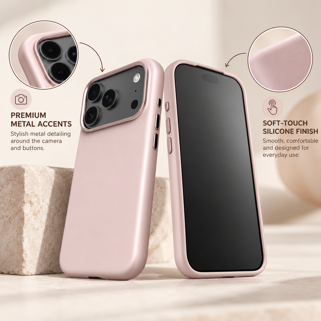 Front and rear views of a Blush Pink silicone iPhone case showing metal accents and a smooth finish.