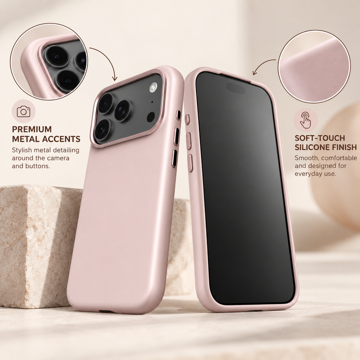 Front and rear views of a Blush Pink silicone iPhone case showing metal accents and a smooth finish.
