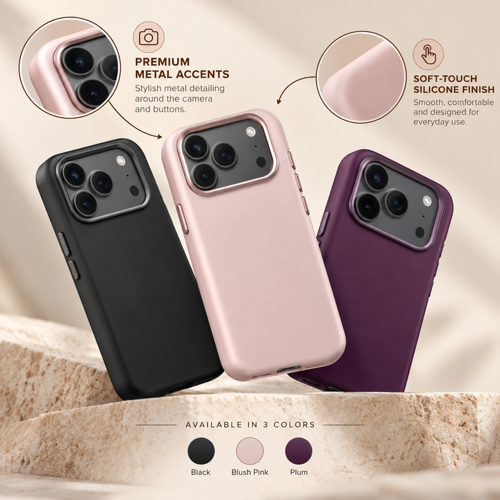 Black, Blush Pink and Plum silicone iPhone cases with metal camera trim and soft-touch finishes.