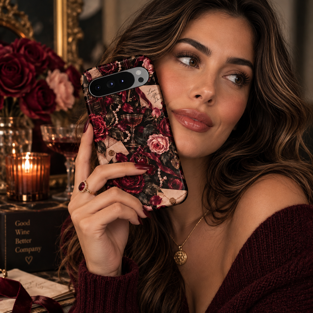 Love After Dark Google Pixel case featuring burgundy and blush roses, vintage love letters, pearls, antique keys, cherries, velvet ribbons, perfume and an elegant coupe glass on a dark romantic background.
