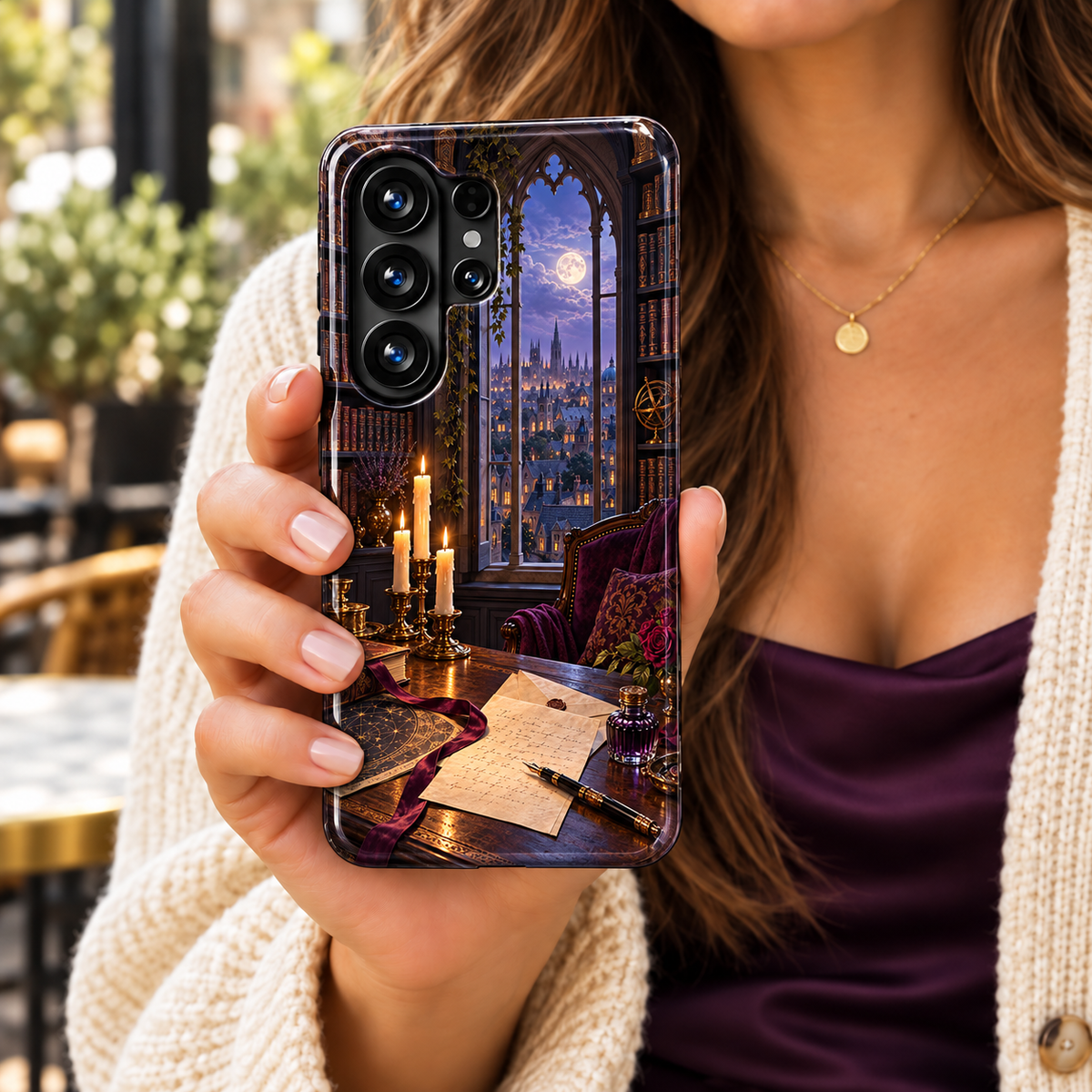 CASELIX Letters After Dark Samsung Galaxy case featuring a candlelit writing desk, handwritten letter, burgundy ribbon and arched window over a moonlit city.