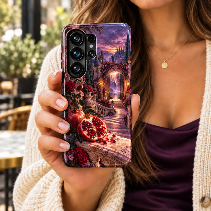 CASELIX The Pomegranate Gate Samsung Galaxy case featuring ruby pomegranates, red roses and an ornate garden gate overlooking a waterfall at sunset.