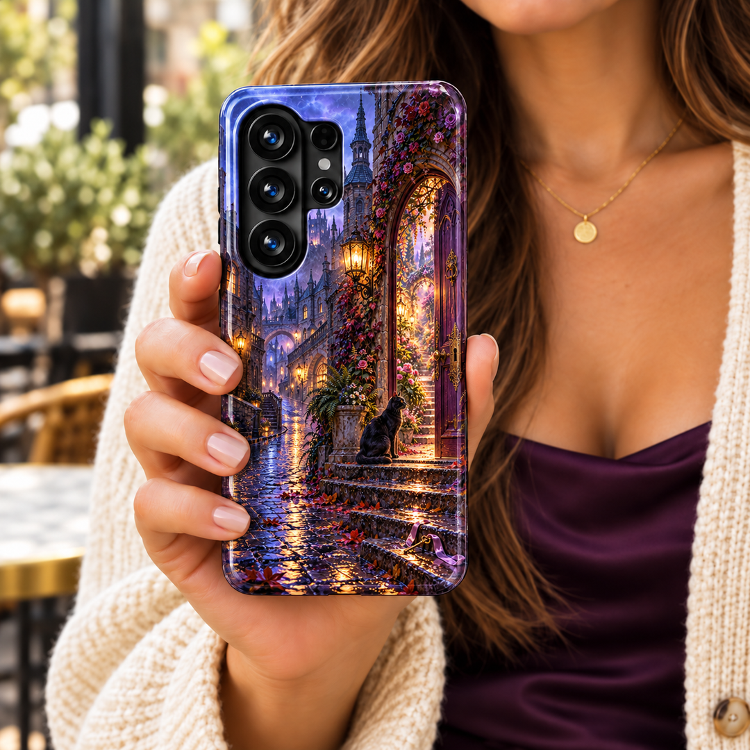 CASELIX The Thirteenth Door Samsung Galaxy case featuring a black cat, purple arched doorway, lantern-lit rose garden and rain-soaked stone steps.