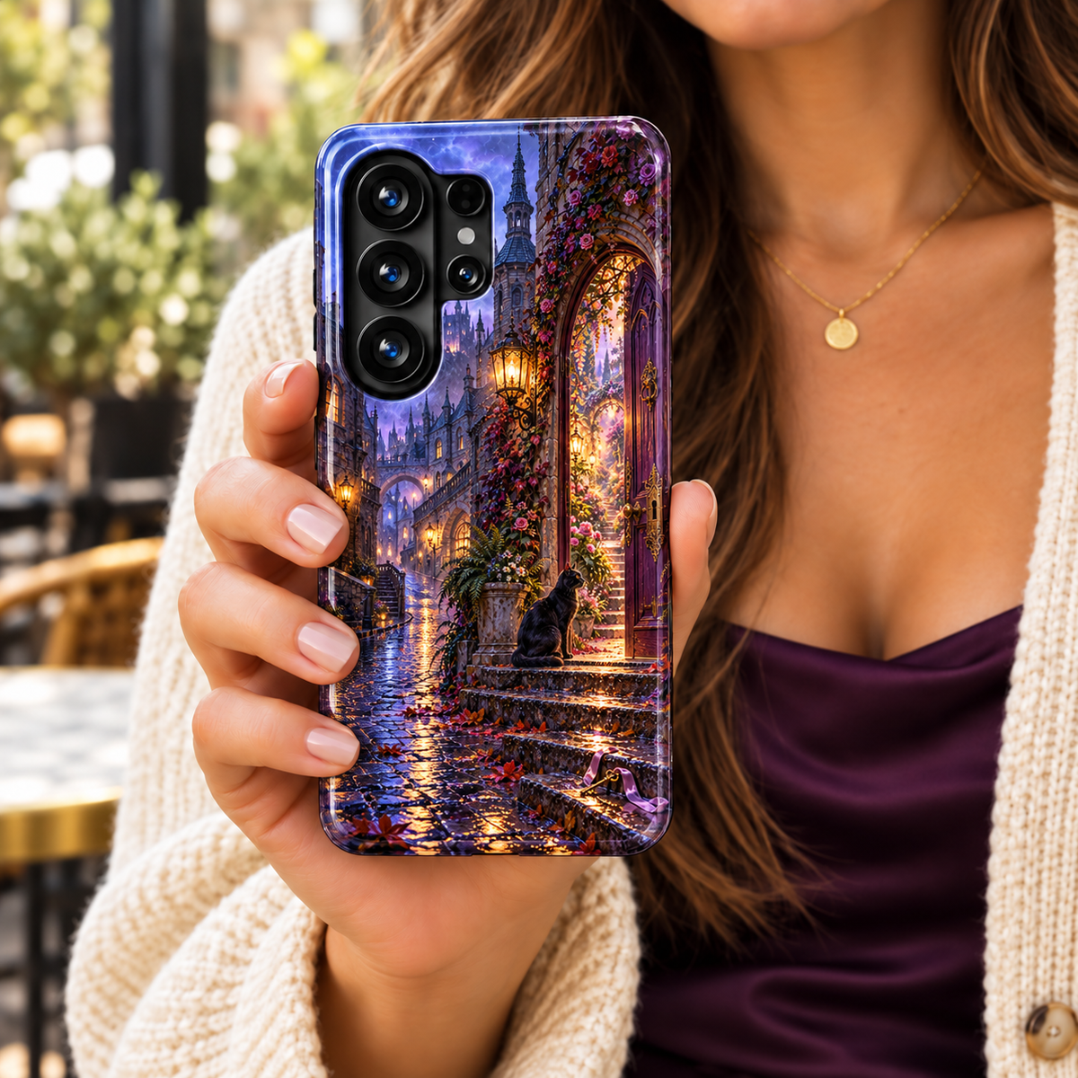 CASELIX The Thirteenth Door Samsung Galaxy case featuring a black cat, purple arched doorway, lantern-lit rose garden and rain-soaked stone steps.