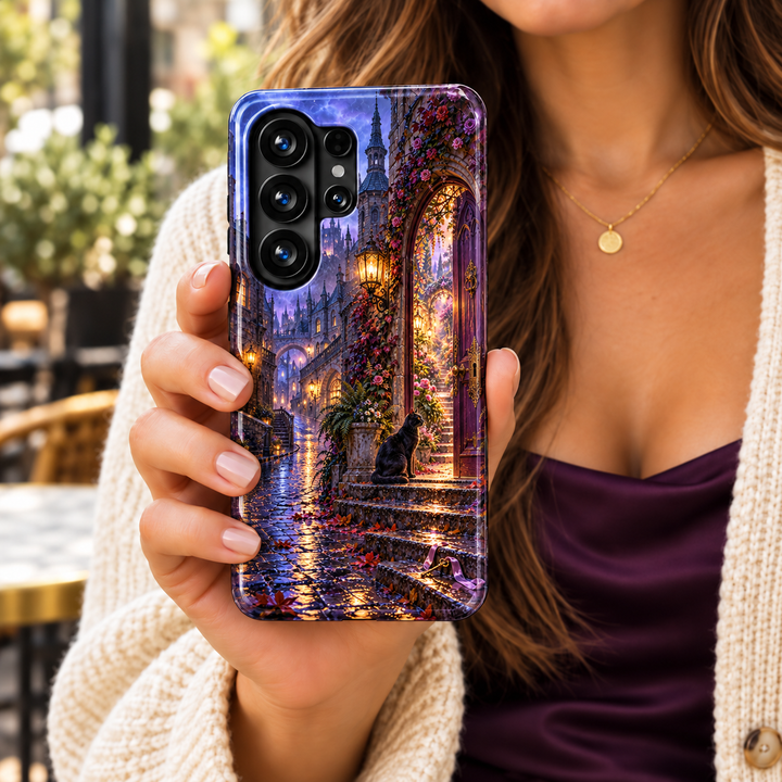 CASELIX The Thirteenth Door Samsung Galaxy case featuring a black cat, purple arched doorway, lantern-lit rose garden and rain-soaked stone steps.