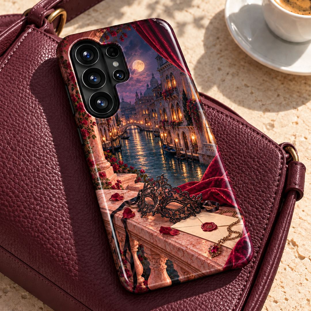 CASELIX Velvet Hour Samsung Galaxy case featuring a moonlit Venice canal, crimson curtains, black masquerade mask and wax-sealed letter.
