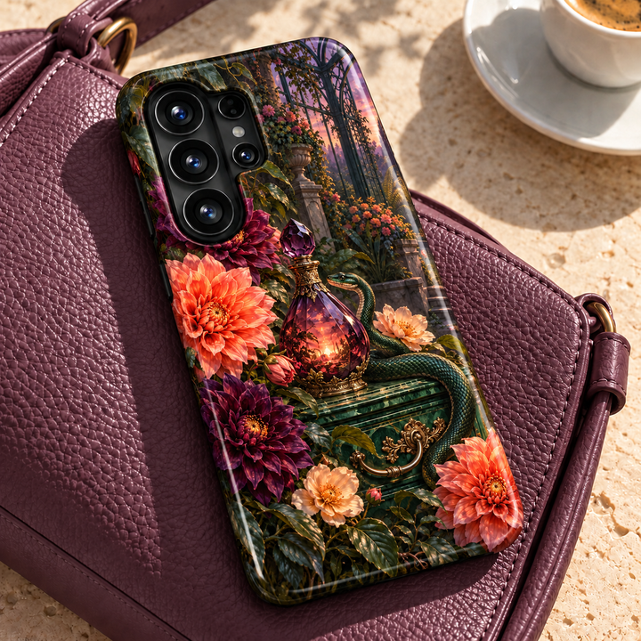CASELIX Poison &amp; Petals Samsung Galaxy case featuring coral and plum dahlias, an emerald snake and an ornate purple potion bottle in a conservatory.
