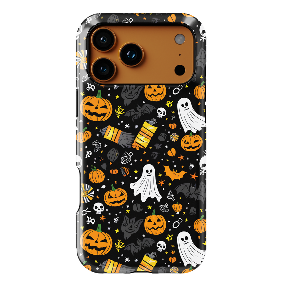 Halloween iPhone case with black background featuring pumpkins, ghosts, bats, skulls, and candy. Festive spooky-season protective phone cover for iPhone 15, iPhone 14, iPhone 13 Pro Max, and more. Fun and aesthetic fall case perfect for Halloween lovers.