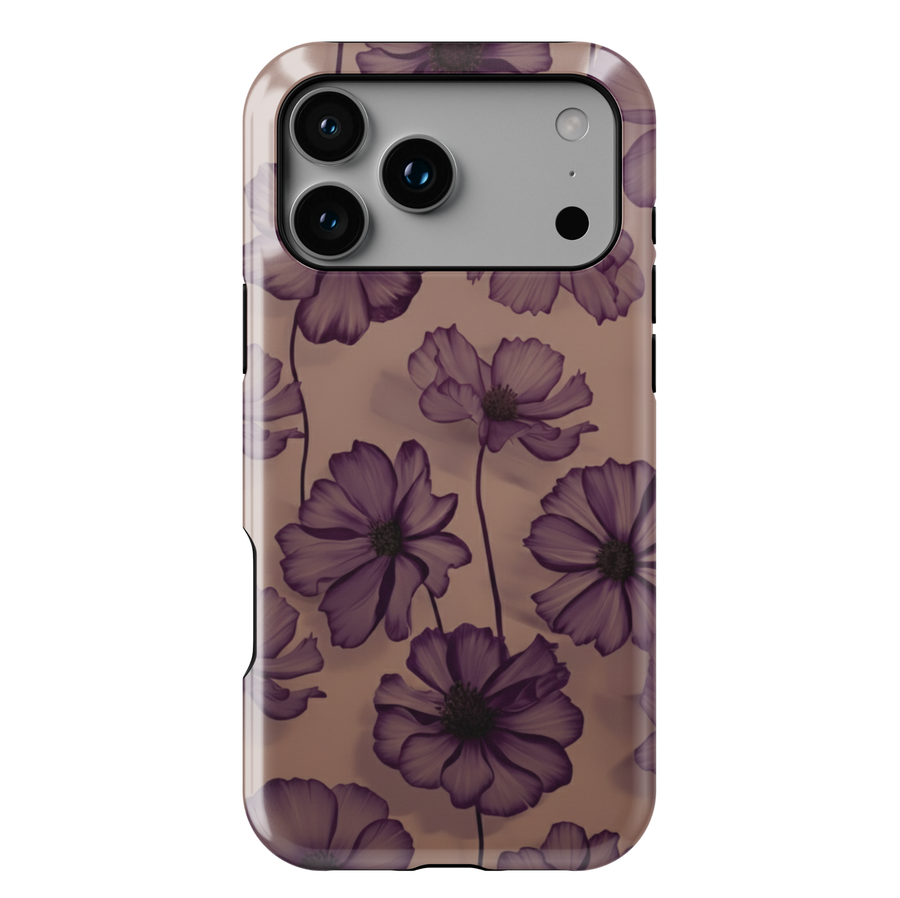 Transparent purple floral phone case with soft violet petals on a nude background, aesthetic botanical design for iPhone and Samsung