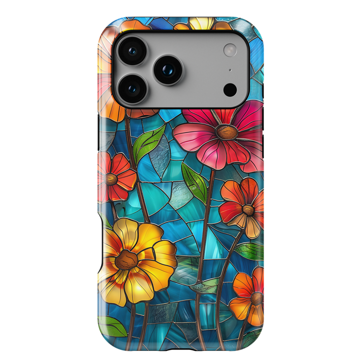 Colorful stained glass floral iPhone case with vibrant flowers and blue glass background