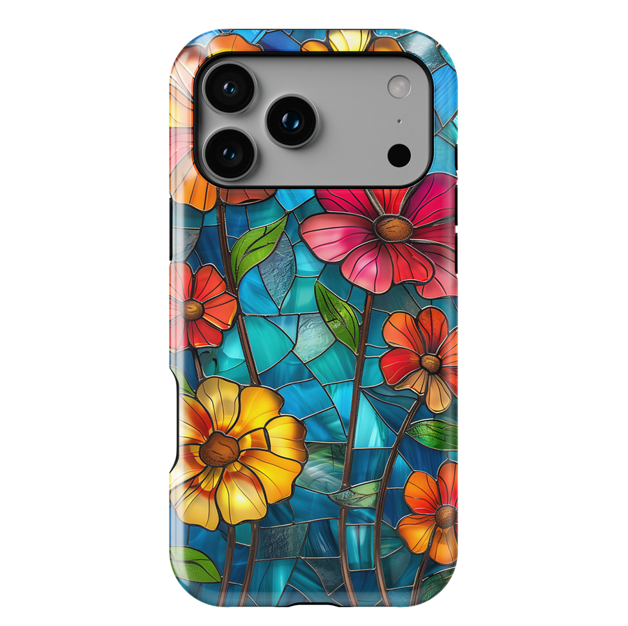 Colorful stained glass floral iPhone case with vibrant flowers and blue glass background