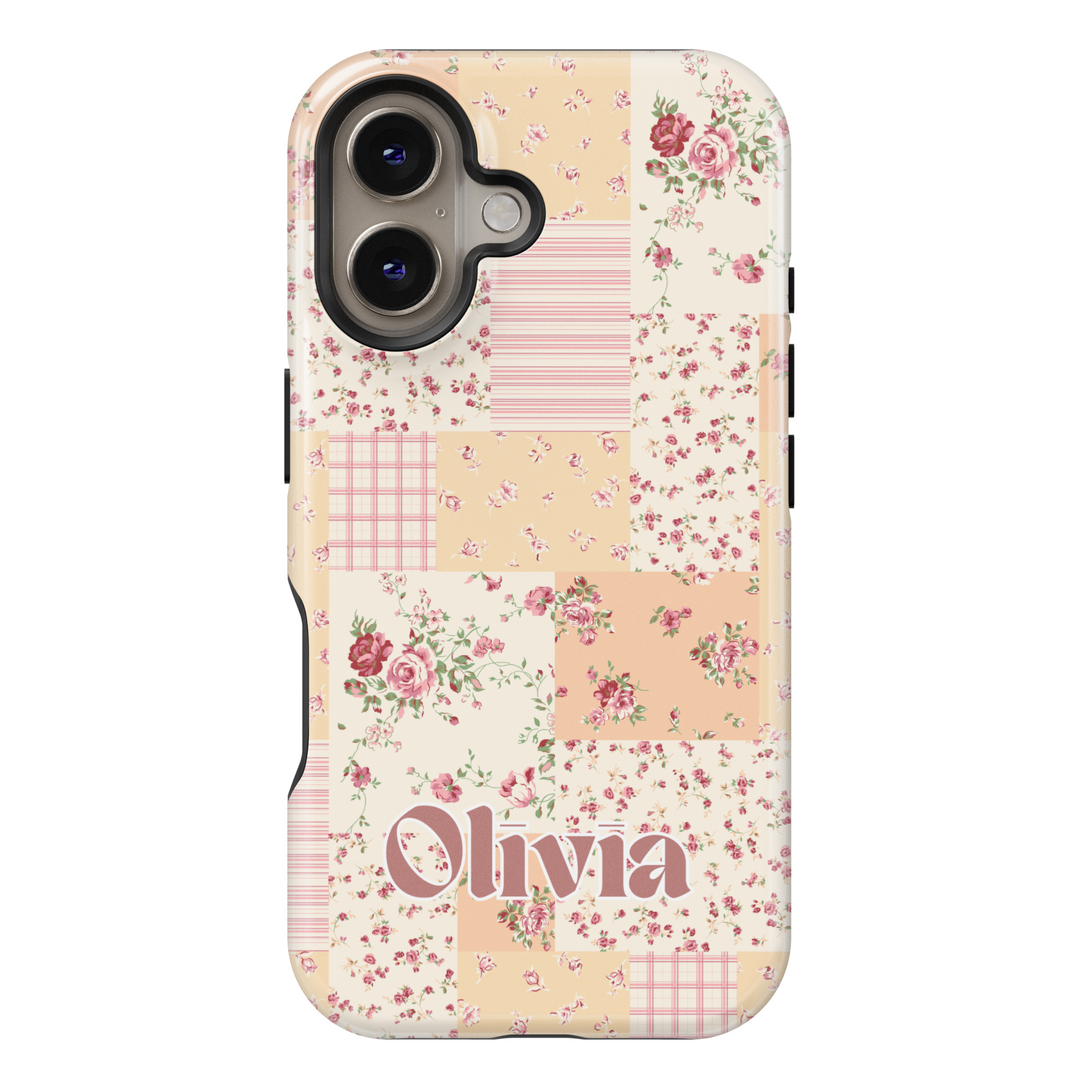 Personalized floral patchwork iPhone case with vintage-inspired rose patterns and custom name. Aesthetic cottagecore phone cover.