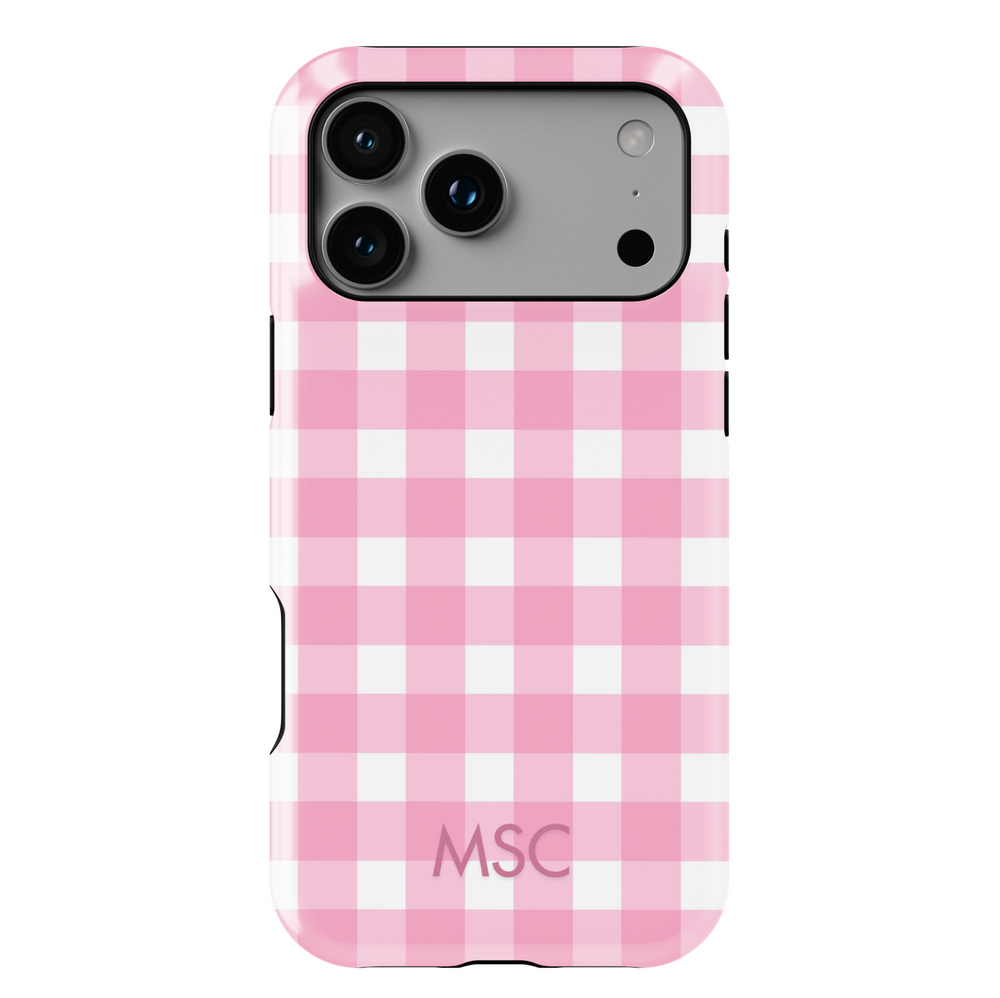 Personalized pink gingham iPhone case with custom initials. Cute checkered plaid phone cover in blush pink and white, designed for iPhone 15, iPhone 14, iPhone 13 Pro Max, and more. Aesthetic girly protective case with a trendy check pattern.