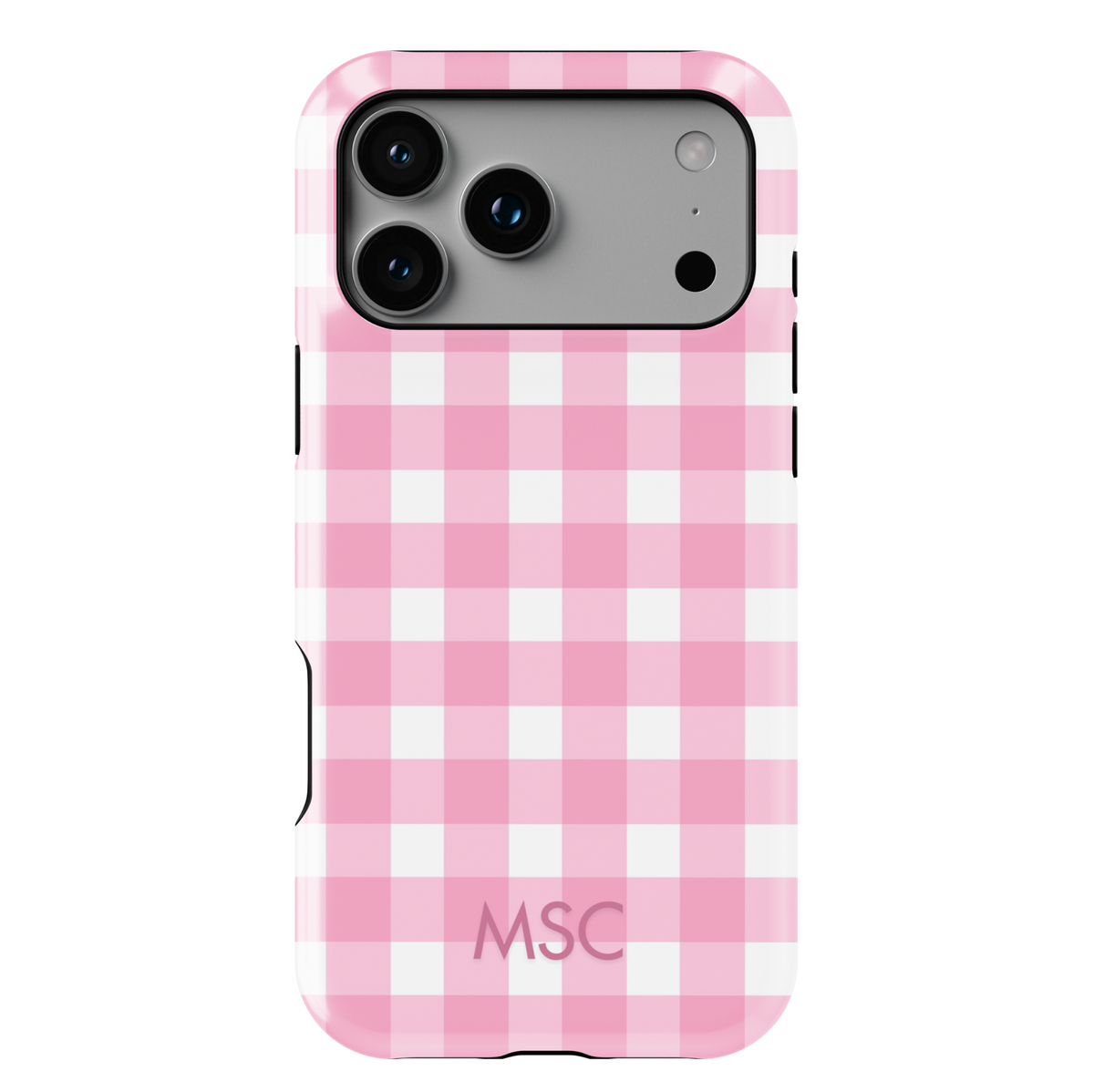 Personalized pink gingham iPhone case with custom initials. Cute checkered plaid phone cover in blush pink and white, designed for iPhone 15, iPhone 14, iPhone 13 Pro Max, and more. Aesthetic girly protective case with a trendy check pattern.