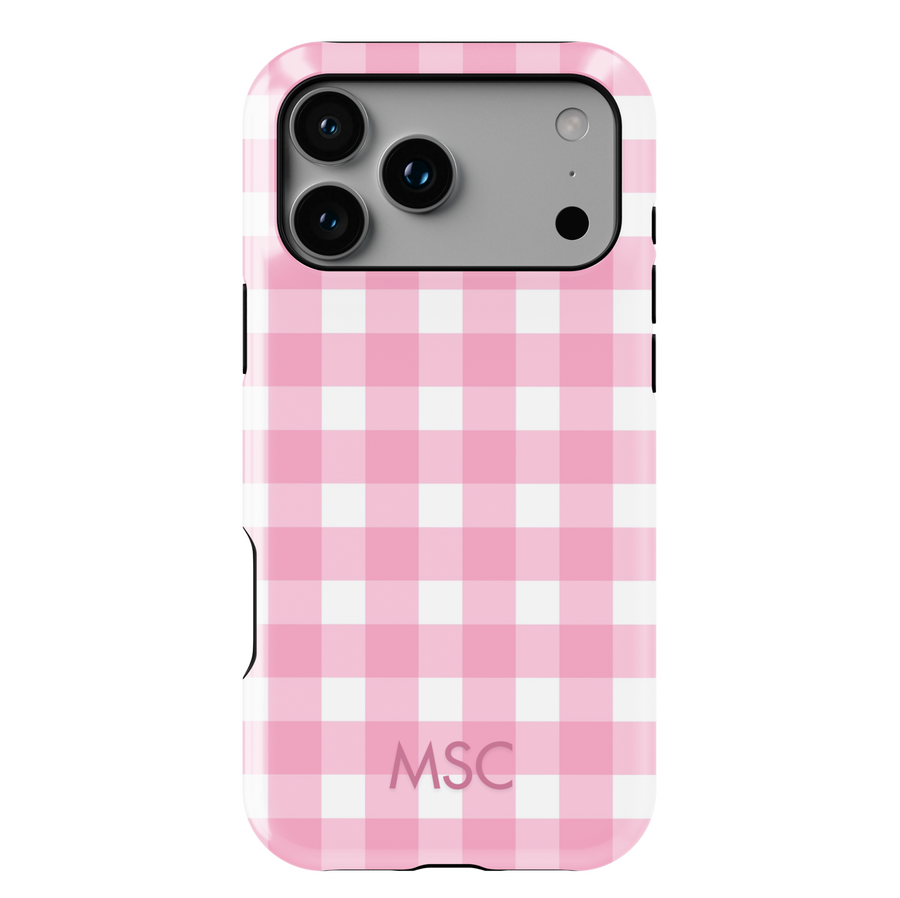 Personalized pink gingham iPhone case with custom initials. Cute checkered plaid phone cover in blush pink and white, designed for iPhone 15, iPhone 14, iPhone 13 Pro Max, and more. Aesthetic girly protective case with a trendy check pattern.