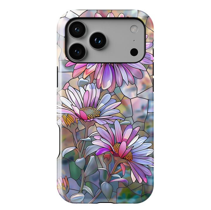 Pastel stained glass daisy iPhone case with pink and purple floral design