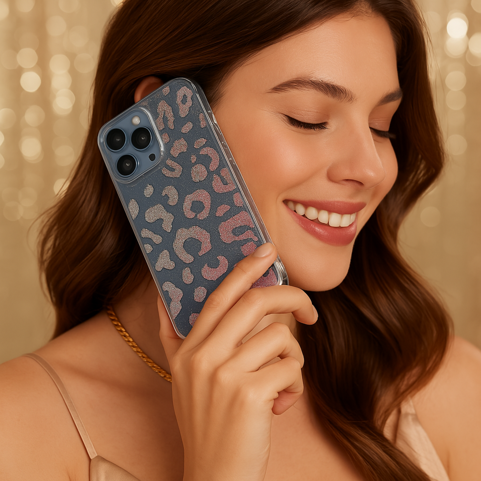 Stylish clear iPhone case featuring a holographic leopard print design with glitter details. The shimmering pattern reflects light beautifully, giving off a stunning iridescent effect. Perfect for those who love bold and trendy accessories while keeping their phone protected in style.