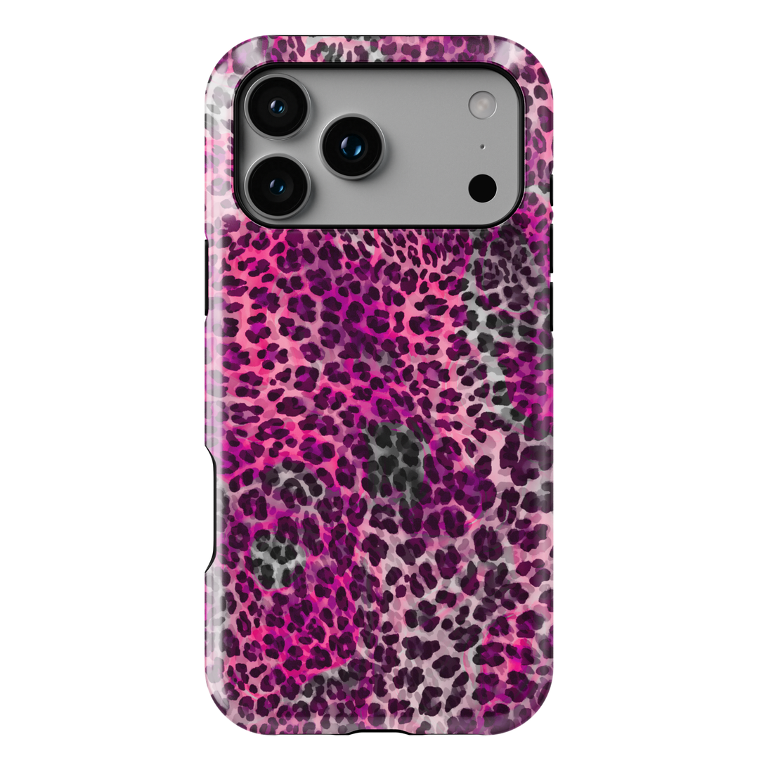Hot pink leopard print phone case with purple and black animal spots, trendy chic aesthetic protective cover for iPhone and Samsung