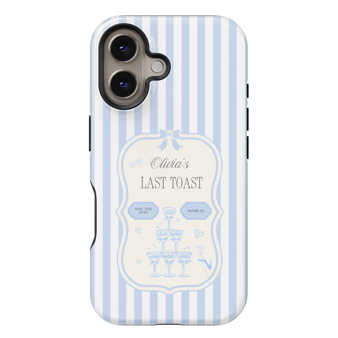 Elegant custom bachelorette party iPhone case with blue and white stripes, champagne tower illustration, and personalized name and date.