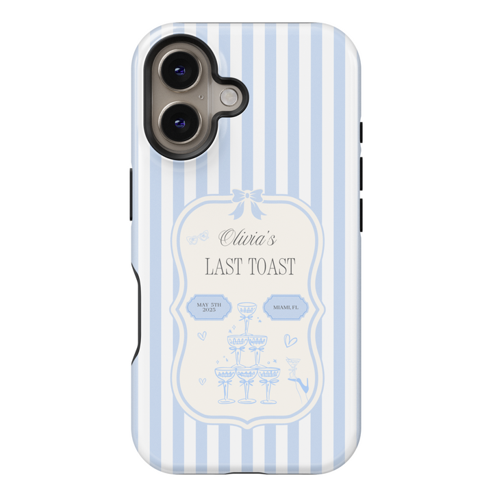 Elegant custom bachelorette party iPhone case with blue and white stripes, champagne tower illustration, and personalized name and date.