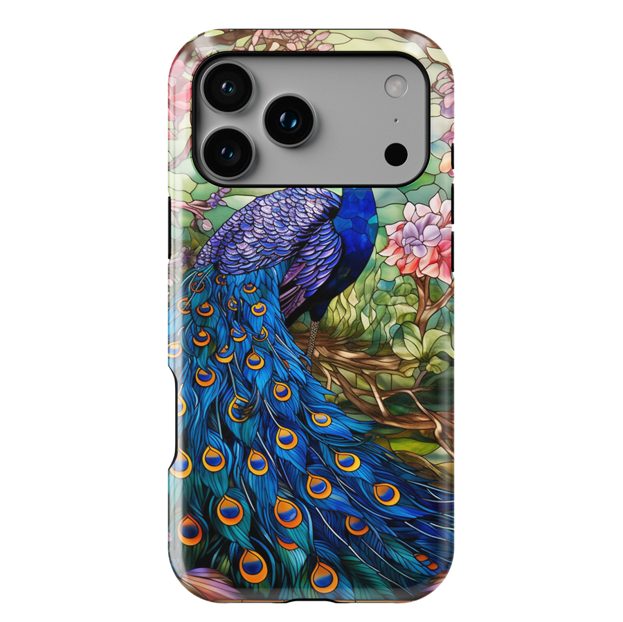 Stained glass peacock iPhone case with blue feathers and floral background