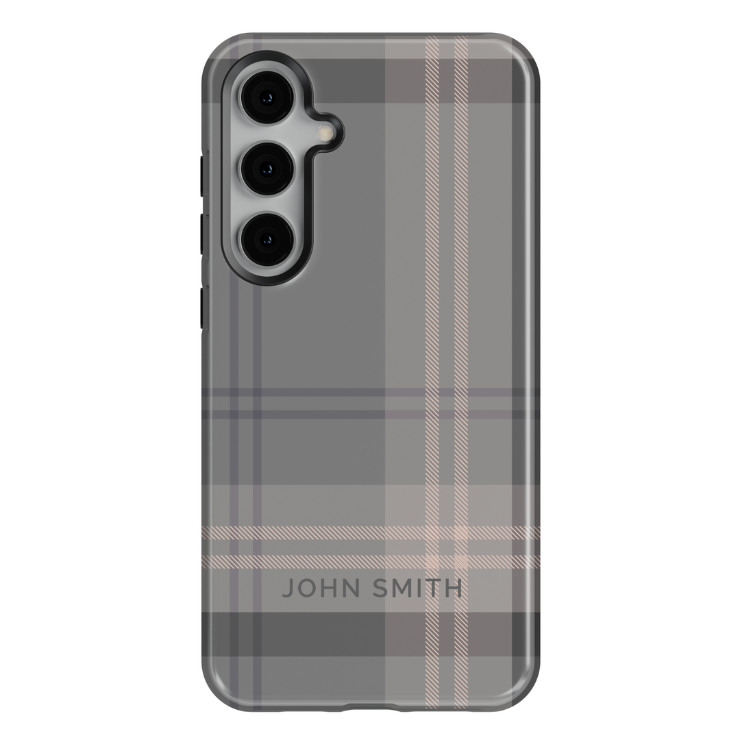 Custom name gray plaid Samsung Galaxy phone case. Sleek and sophisticated protective cover for Galaxy S25 Ultra, S24 FE, S23, and more.