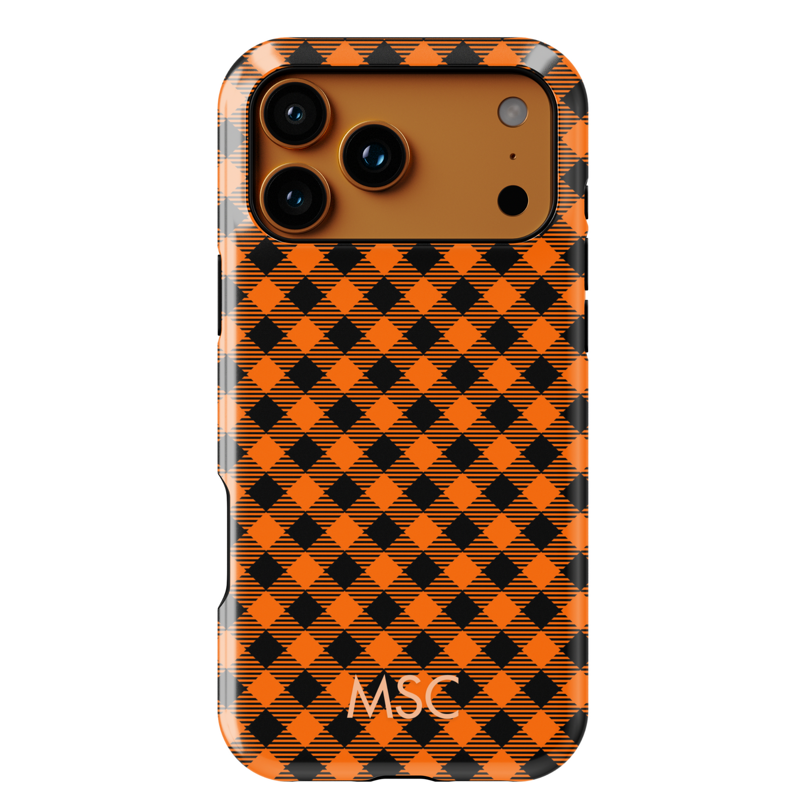 Personalized iPhone case with black and orange plaid checkered pattern. Fall and Halloween inspired phone cover with custom initials. Protective iPhone 15, iPhone 14, iPhone 13 Pro Max clear case with seasonal design.