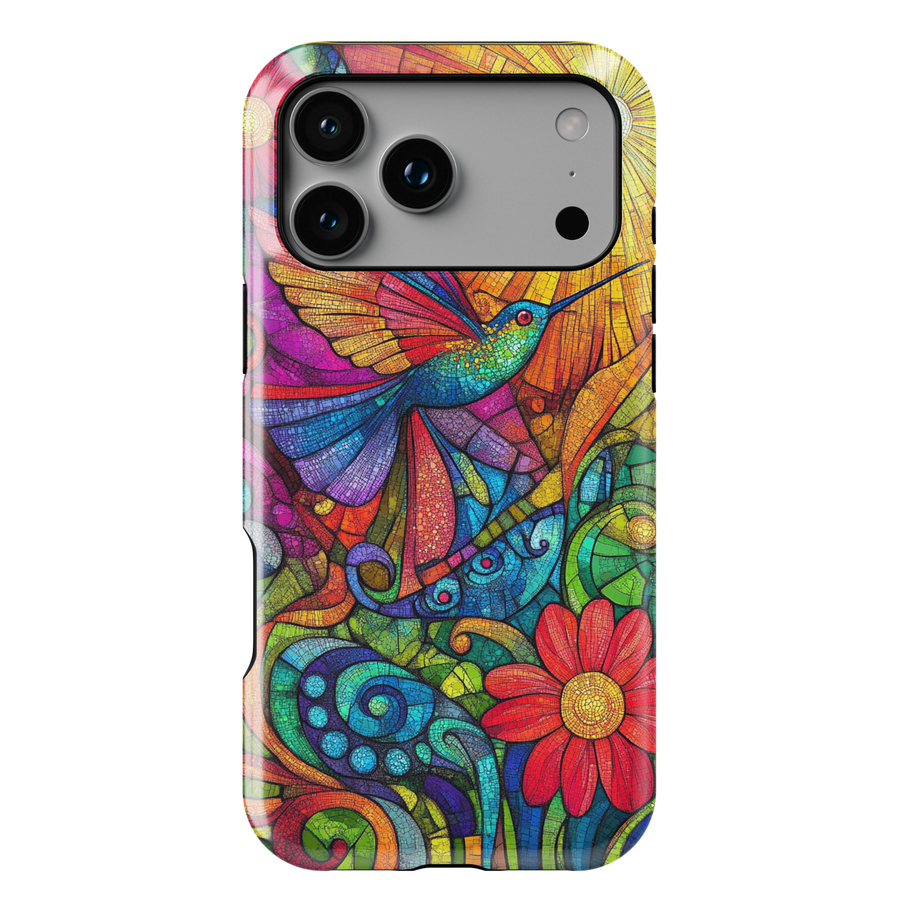 Colorful stained glass hummingbird iPhone case with floral mosaic artwork