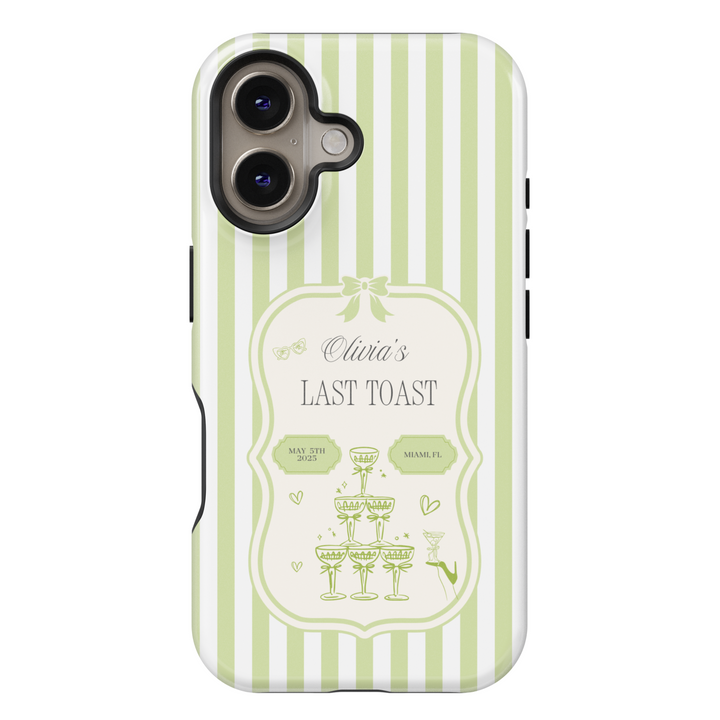 Elegant custom bachelorette party iPhone case with Green and white stripes, champagne tower illustration, and personalized name and date.