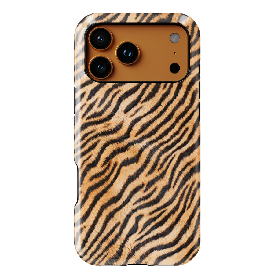 Tiger stripe phone case with orange and black fur pattern, realistic animal print protective cover for iPhone and Samsung