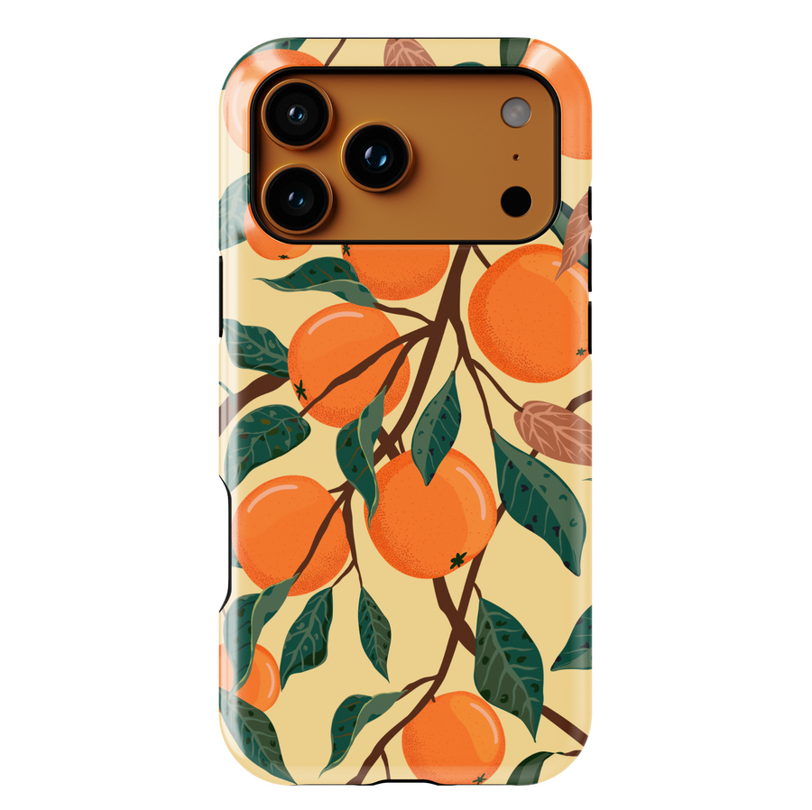 Orange fruit patterned iPhone case with leafy branch design on beige background. Summer aesthetic citrus phone cover for iPhone 15, iPhone 14, iPhone 13 Pro Max and more. Durable protective slim snap case.