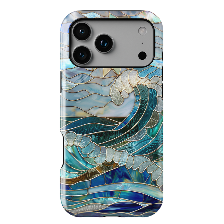 Stained glass ocean wave iPhone case with blue sea glass design