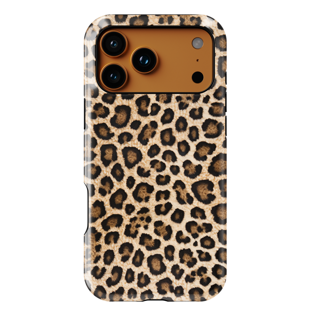 Leopard print phone case with brown and black animal fur pattern, trendy chic aesthetic protective cover for iPhone and Samsung
