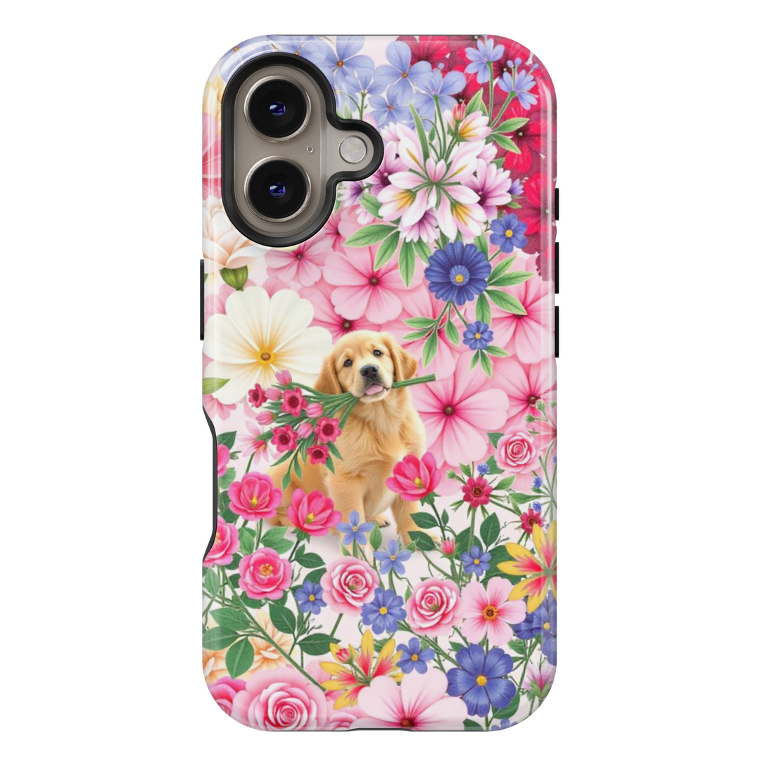 Adorable floral iPhone case featuring a golden retriever puppy holding a bouquet, surrounded by vibrant pink, blue, and white flowers for a dreamy, whimsical aesthetic.