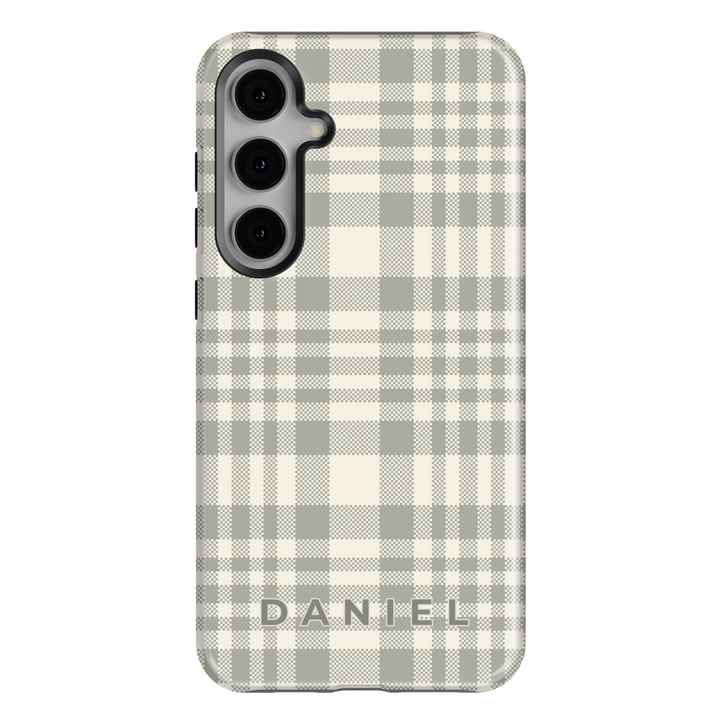 Personalized sage green plaid Samsung Galaxy phone case with a custom name design. Chic and stylish protective cover for Galaxy S25 Ultra, S24 FE, and more.