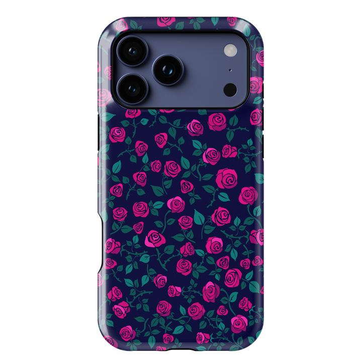 Pink rose floral iPhone case with navy blue background and green leaves. Romantic chic phone cover for iPhone 15, iPhone 14, iPhone 13 Pro Max and more. Protective slim snap case with elegant floral design.