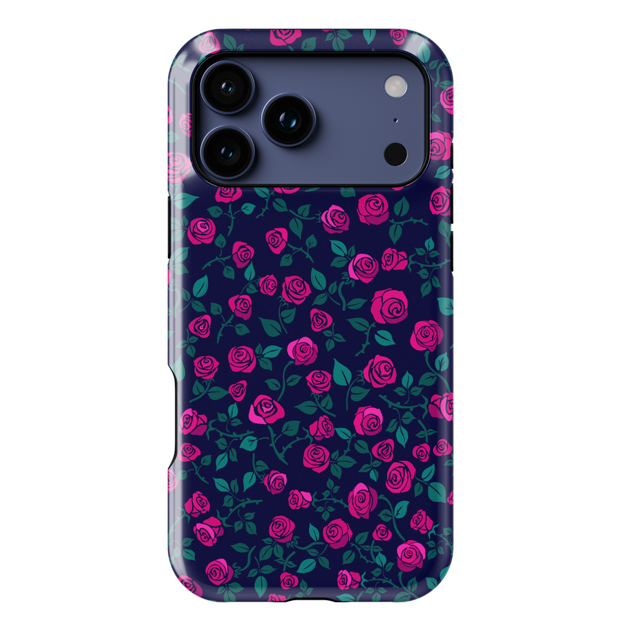 Pink rose floral iPhone case with navy blue background and green leaves. Romantic chic phone cover for iPhone 15, iPhone 14, iPhone 13 Pro Max and more. Protective slim snap case with elegant floral design.