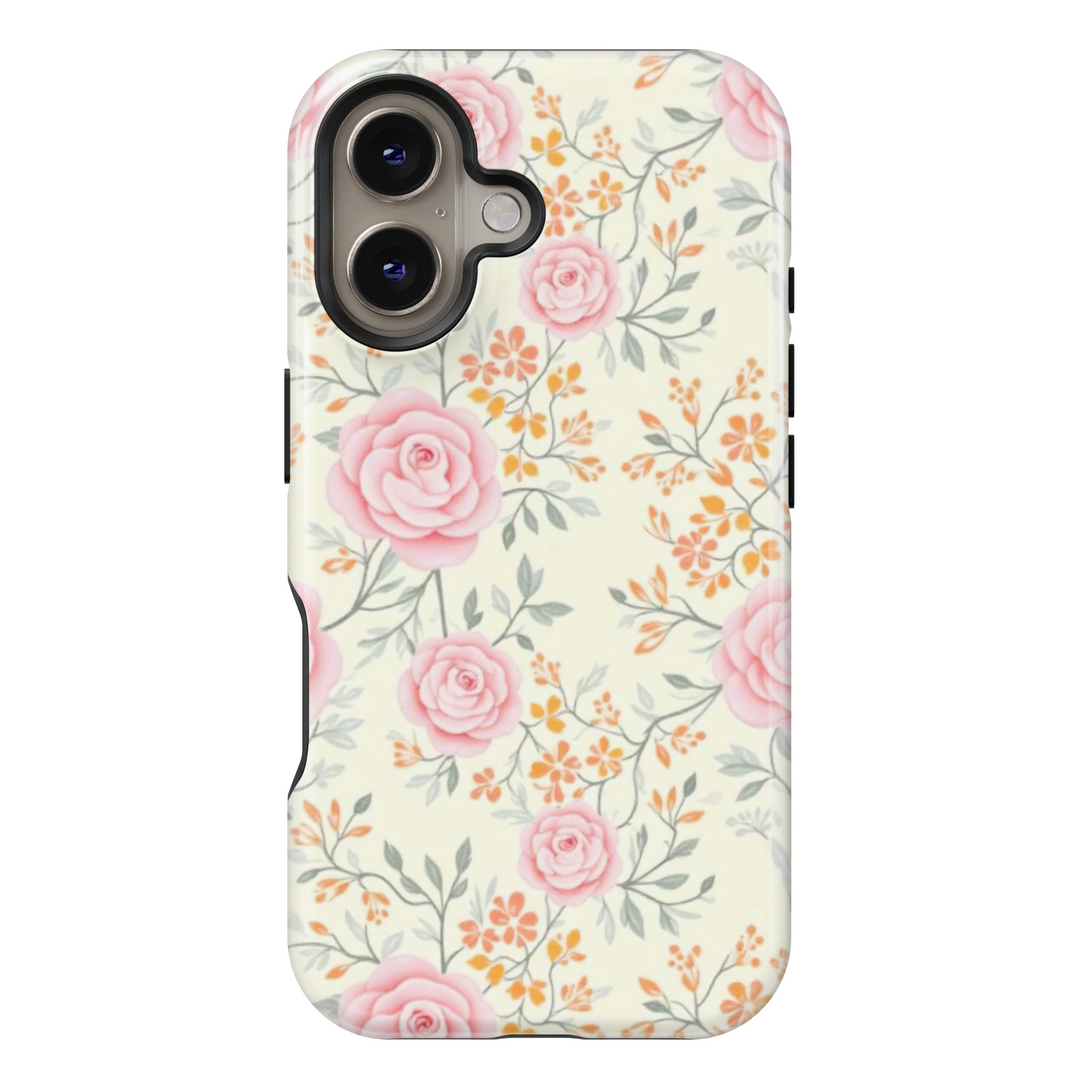 Vintage floral iPhone case with soft pink roses and delicate orange blossoms on a cream background, perfect for a romantic cottagecore aesthetic.