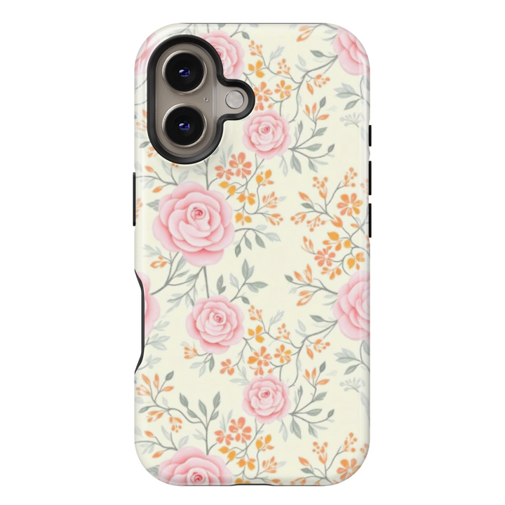 Vintage floral iPhone case with soft pink roses and delicate orange blossoms on a cream background, perfect for a romantic cottagecore aesthetic.