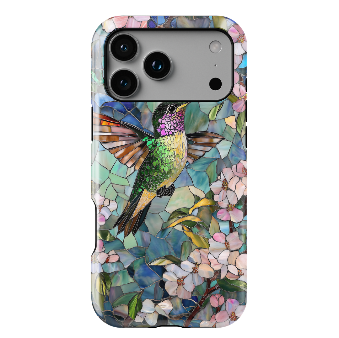 Stained glass hummingbird floral iPhone case with pastel garden design