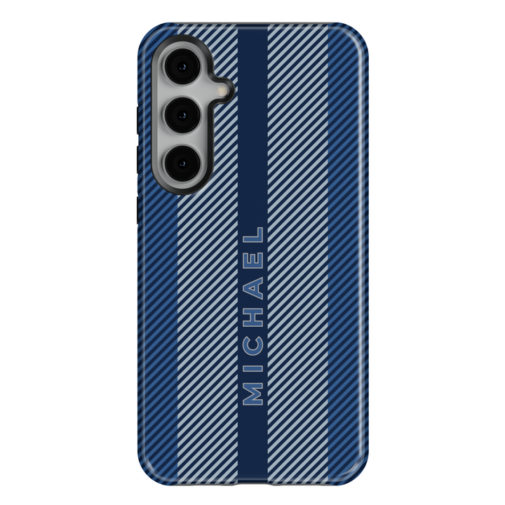Personalized navy blue striped Samsung Galaxy phone case with a custom name design. Sleek and modern protective cover for Galaxy S25 Ultra, S24 FE, and more.