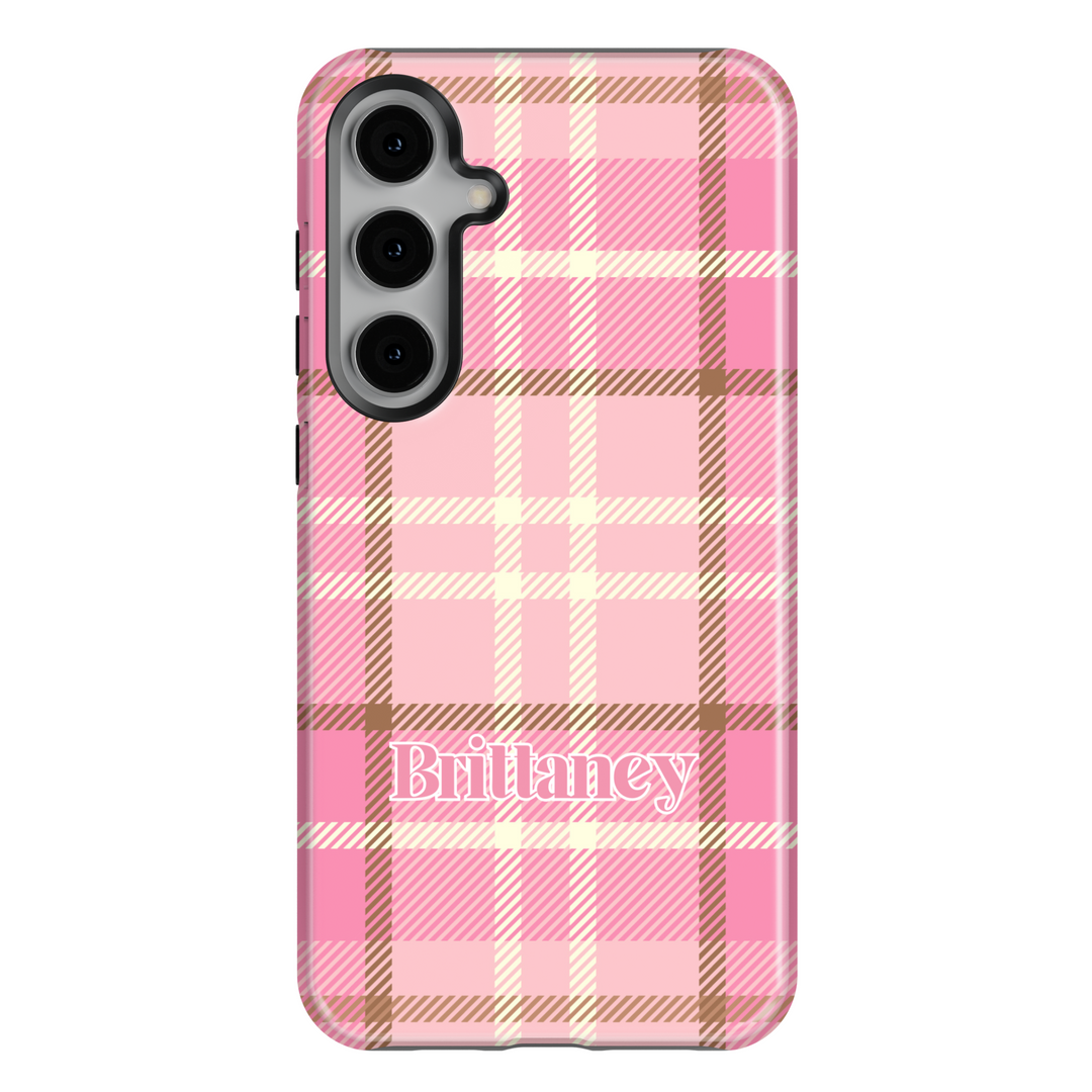 Personalized pink plaid Samsung Galaxy phone case with a custom name design. Aesthetic and stylish protective cover for Galaxy S25 Ultra, S24 FE, and more.