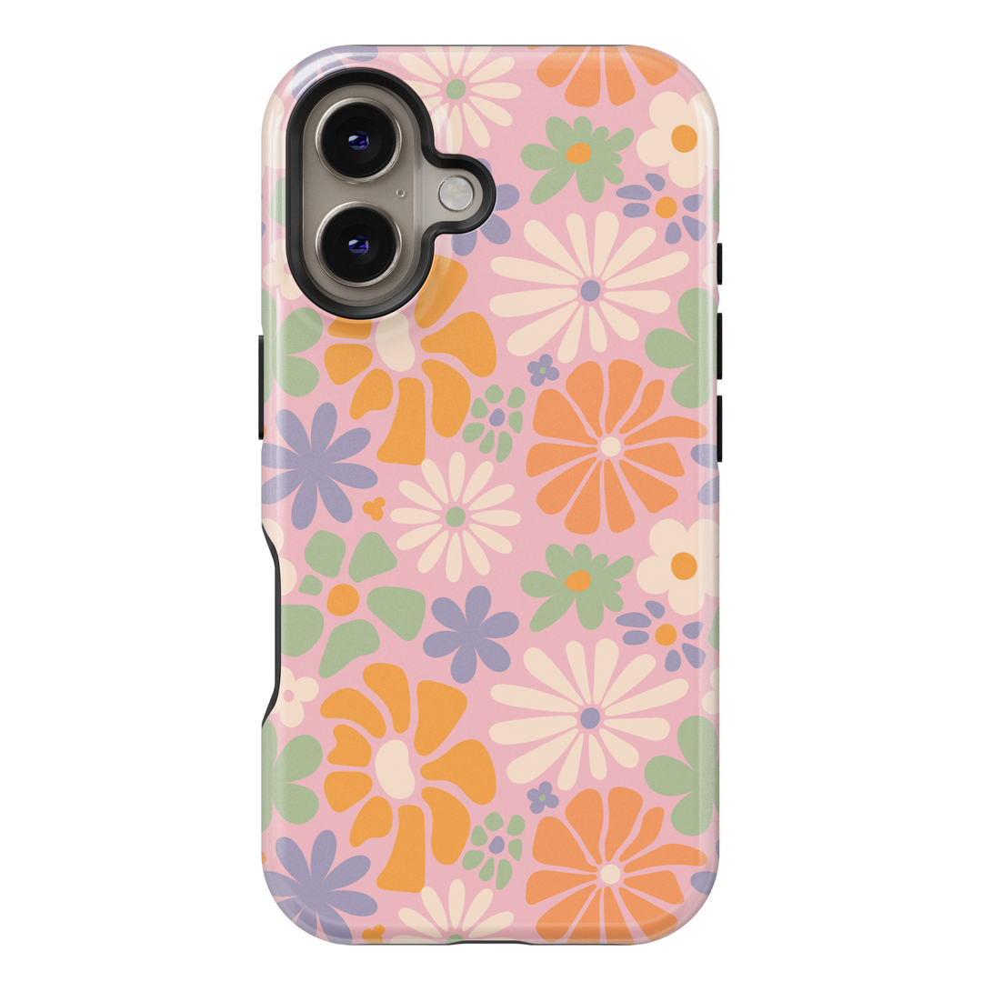 Retro floral iPhone case with groovy daisy patterns in warm pastel shades of pink, orange, and green, inspired by 70s vintage aesthetics.