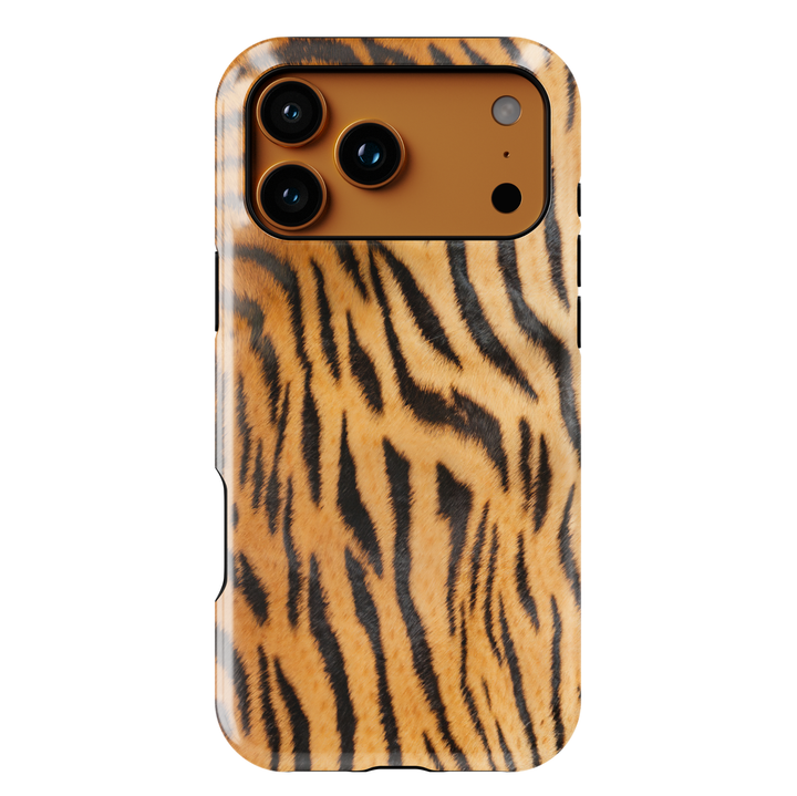 Tiger print phone case with orange and black stripes, wild animal pattern aesthetic cover for iPhone and Samsung, trendy protective phone case