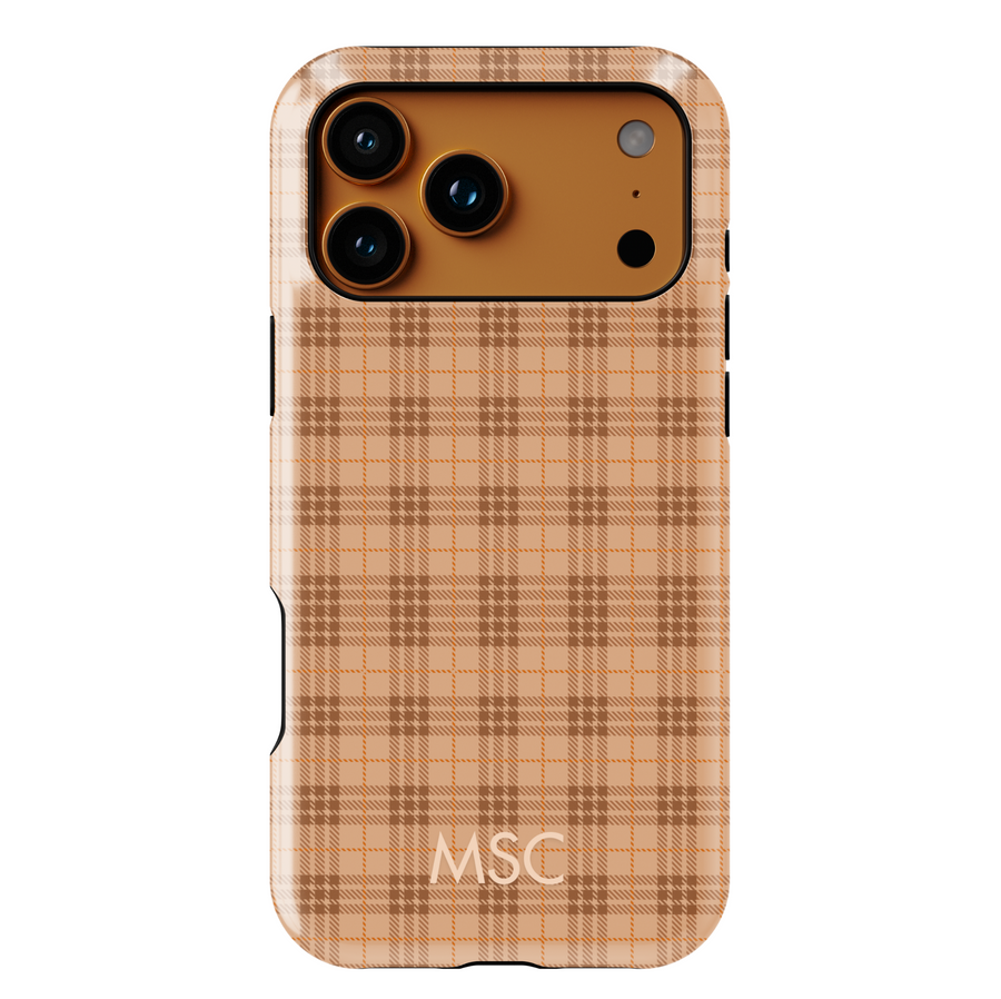 Brown plaid iPhone case, cozy fall aesthetic phone cover for iPhone 15, iPhone 14, iPhone 13 Pro Max. Warm checkered pattern slim snap protective case for autumn vibes and neutral style.