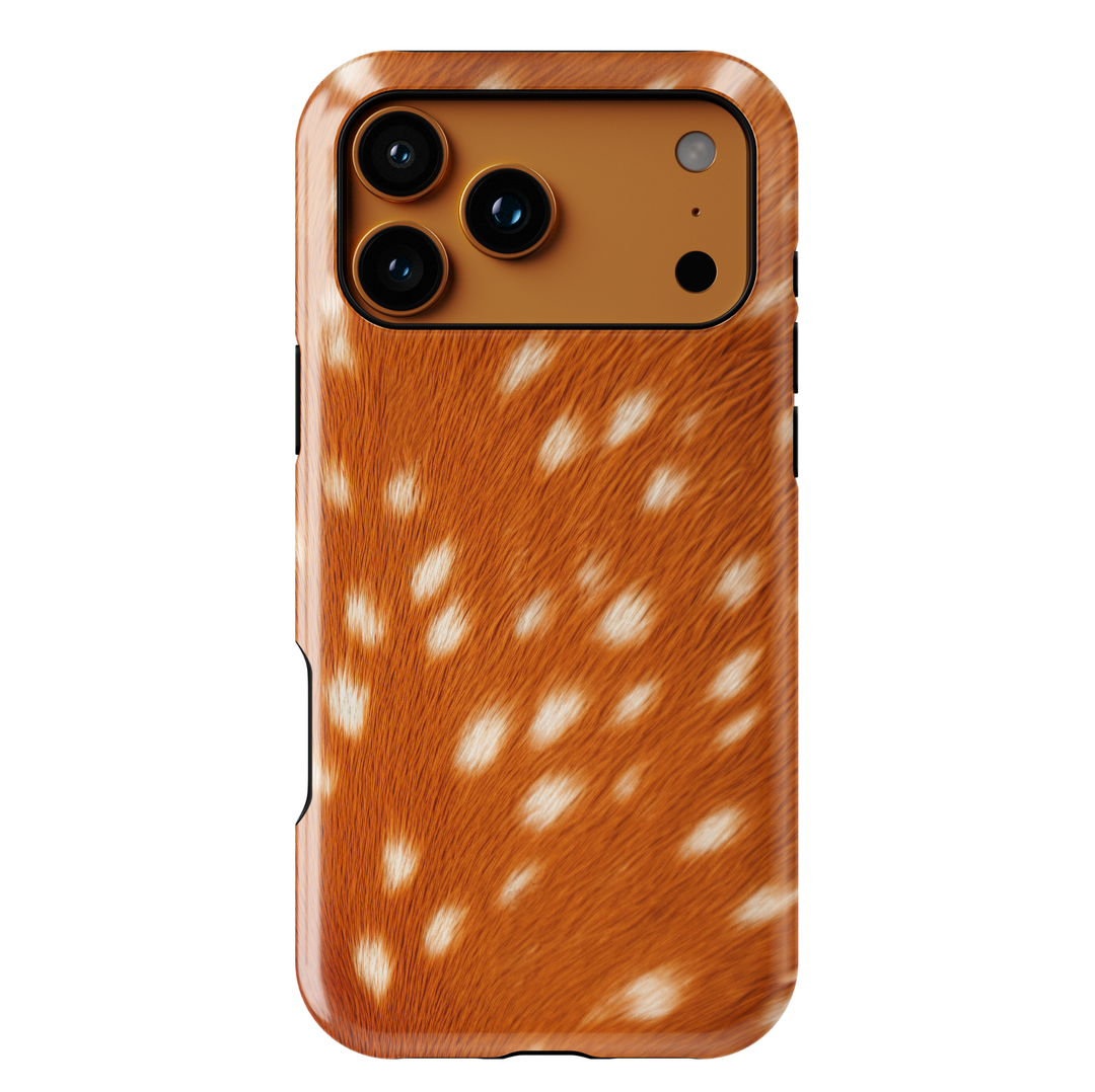 Deer fur print phone case with brown and white spotted pattern, cozy aesthetic animal print protective cover for iPhone and Samsung